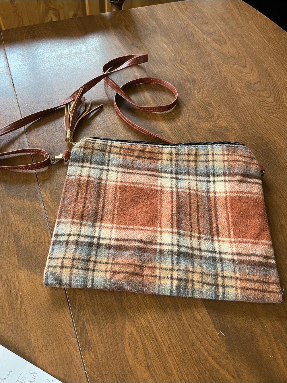 Plaid Crossbody Tote in Rust and Cream